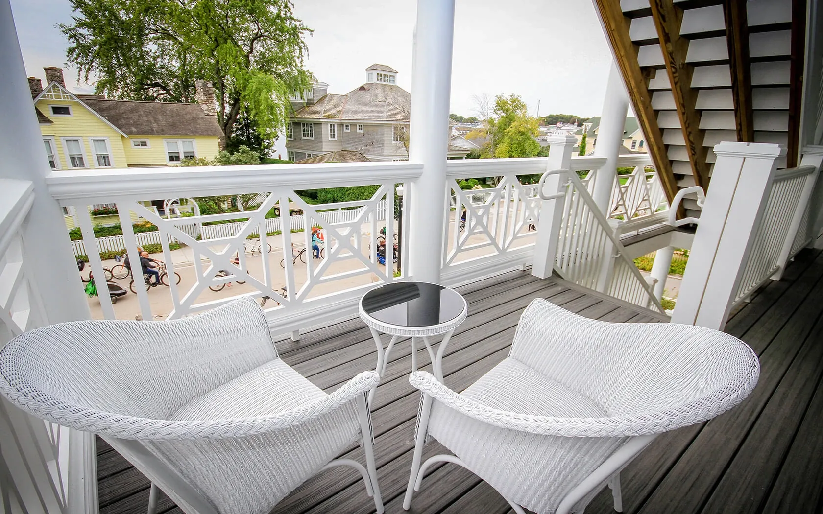 White chairs on the patio of the Harbour View Votel.
