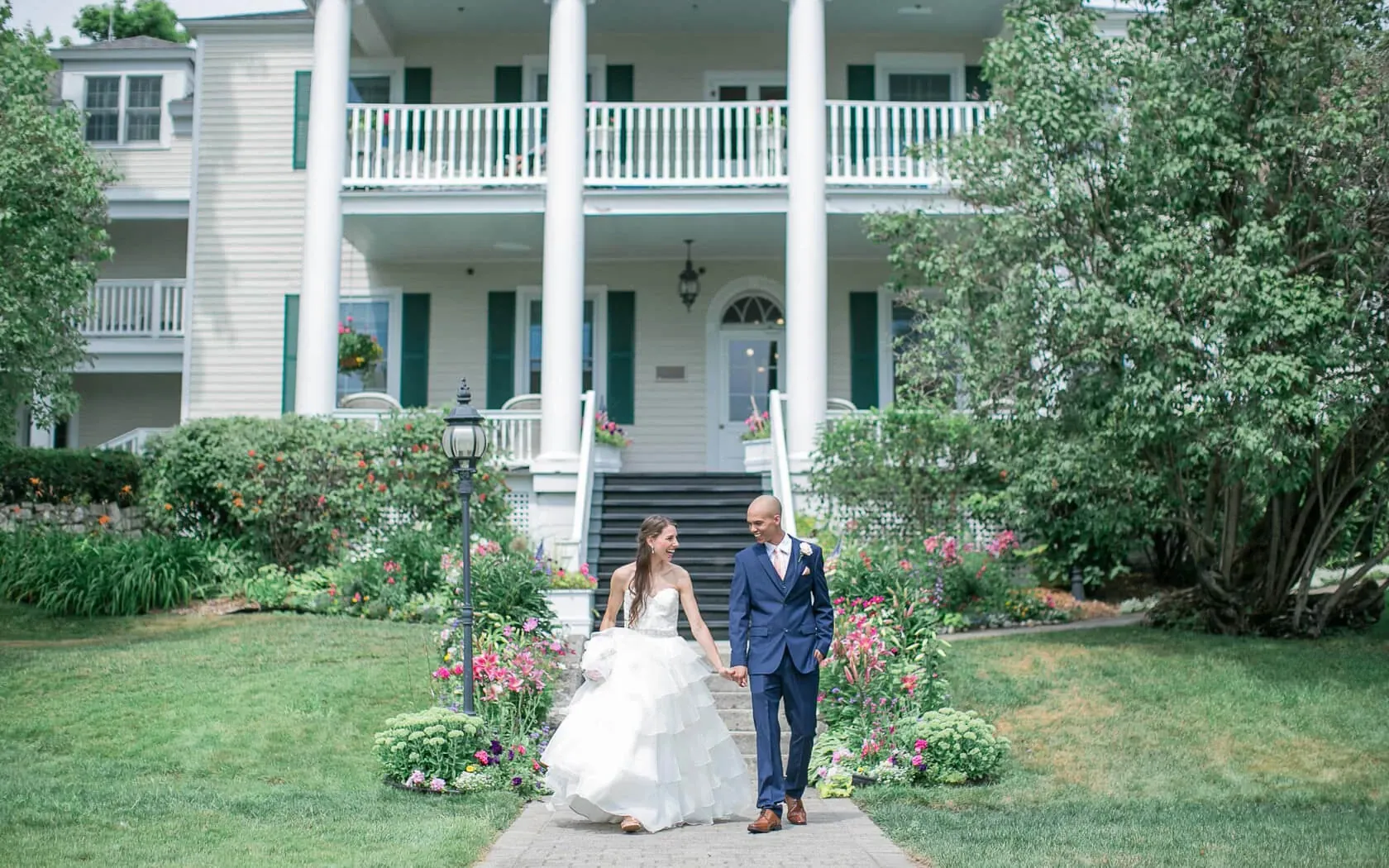 Bride and Groom in front of Harbor View Hotel.